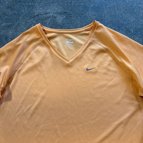 Nike Swoosh Embroidered Logo Shirt Womens L Orange Short Sleeve V Neck Athletic - Picture 2 of 8